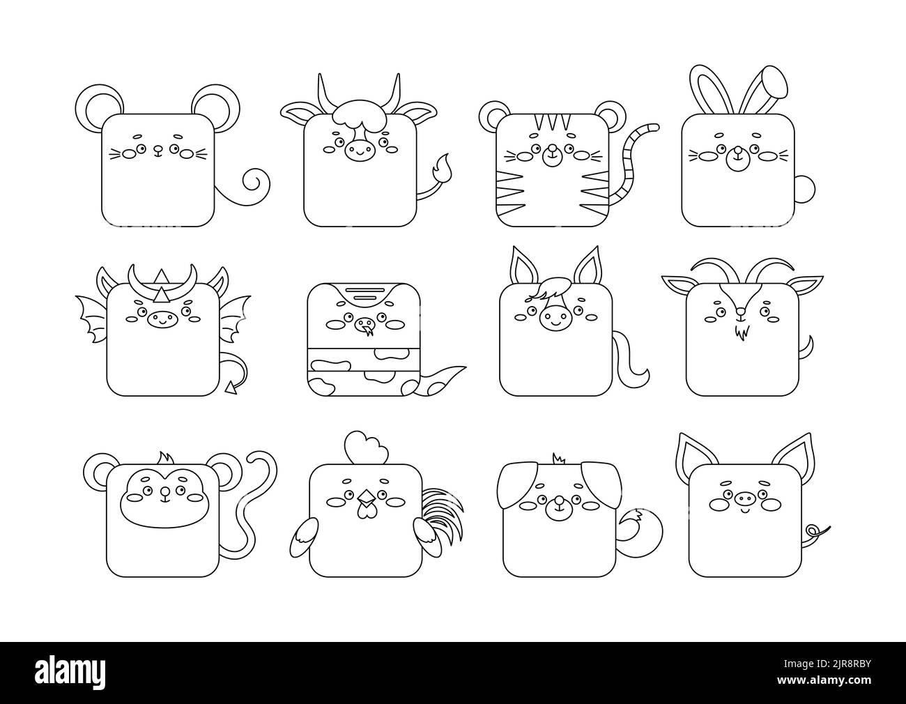 12 Chinese zodiac animal character sqaure faces line art icon vector set. Cute linear sshape square head of dragon, monkey snake, pig, dog, rooster Stock Vector