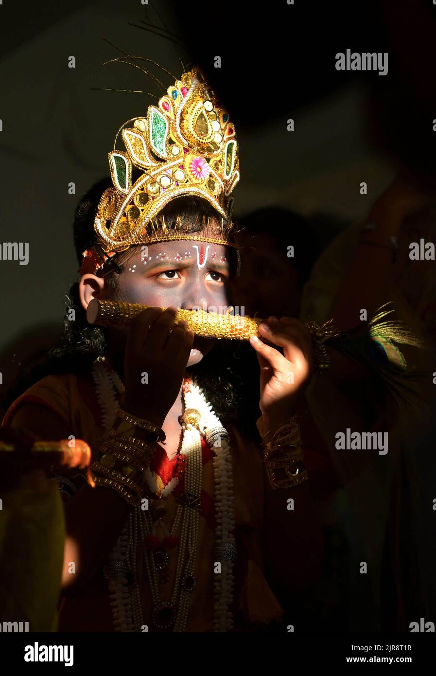 children dressed as lord krishna participate in a dress competition during celebrations to mark the janmashtami occasion of birth of lord krishna a hindu festival at the sri krishna temple in agartala tripura india 2JR8T1R