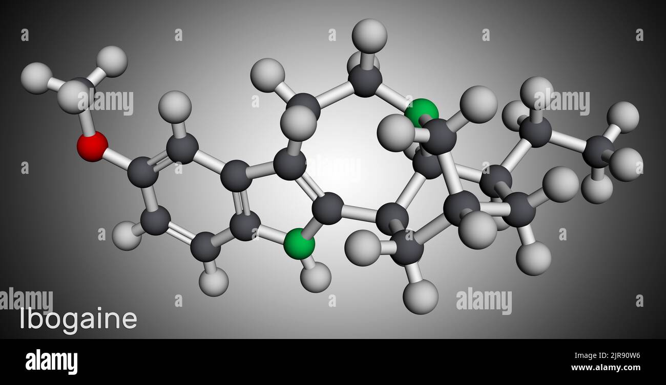 Ibogaine molecule. It is monoterpenoid indole alkaloid, psychoactive substance, hallucinogen, psychedelic. Molecular model. 3D rendering. Illustration Stock Photo