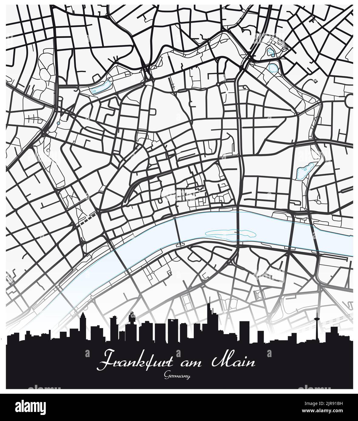 Road map and silhouette of downtown Frankfurt am Main, Germany Stock Photo