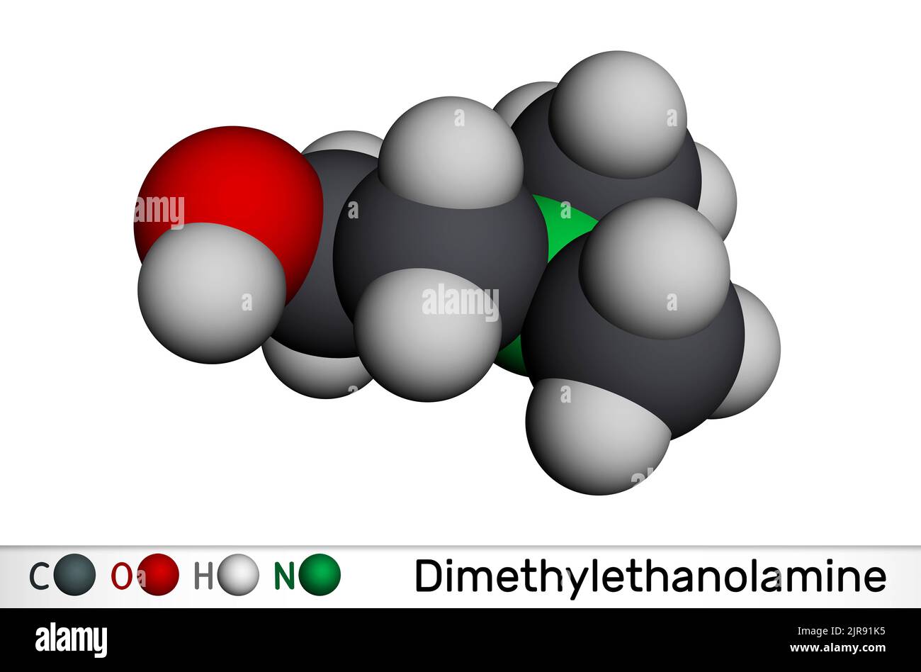 Dimethylethanolamine, dimethylaminoethanol, DMAE, DMEA molecule. It is tertiary amine, curing agent and a radical scavenger. Molecular model. 3D rende Stock Photo