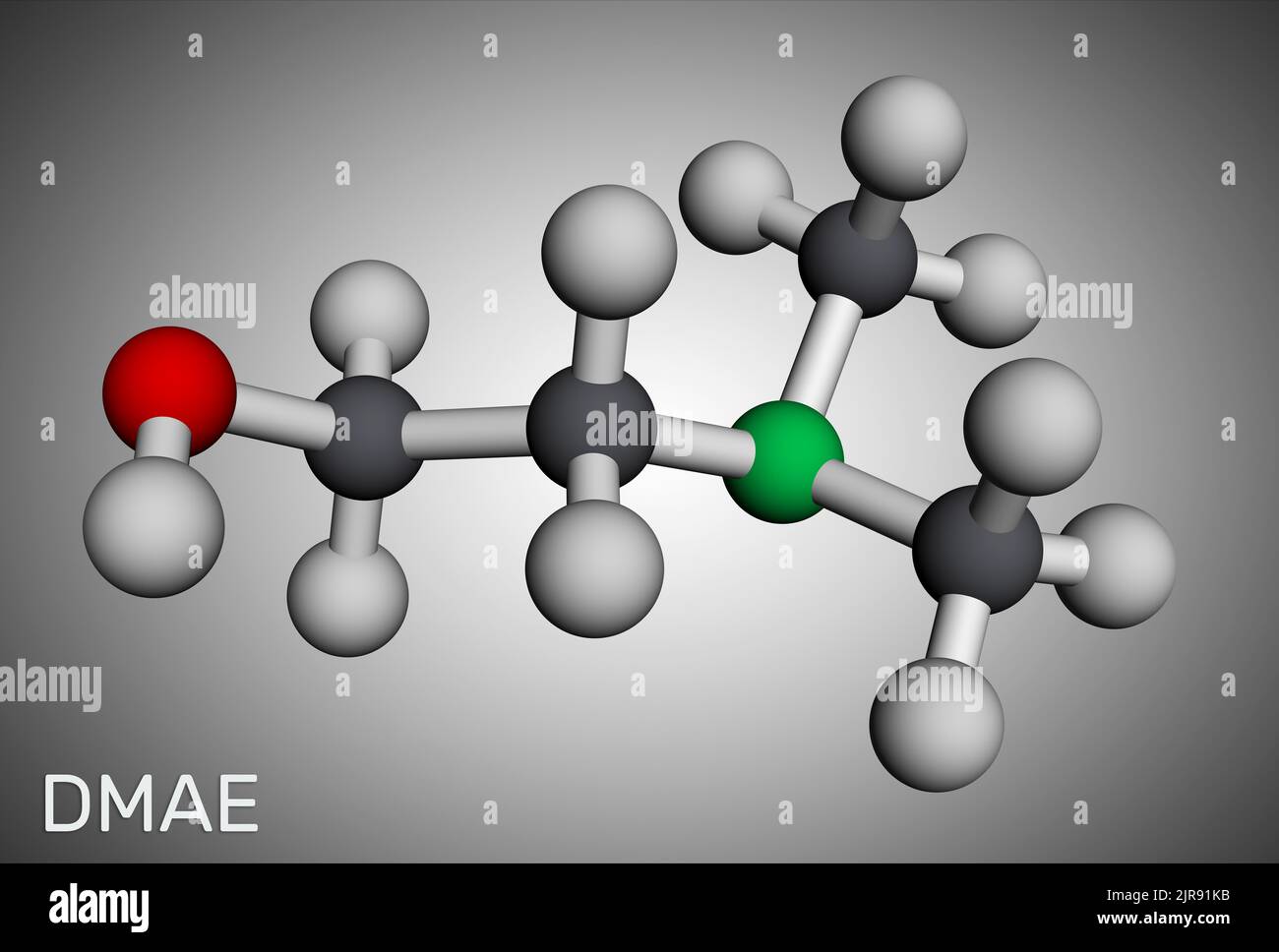 Dimethylethanolamine, dimethylaminoethanol, DMAE, DMEA molecule. It is tertiary amine, curing agent and a radical scavenger. Molecular model. 3D rende Stock Photo