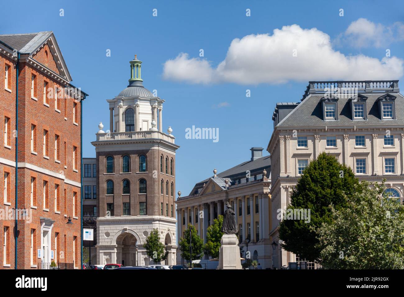 The tower of the new Royal Pavilion in Queen Mother Square, Poundbury