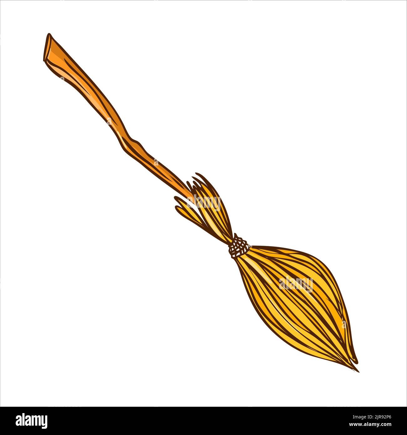Old witch's broom on long wooden handle. Vector illustration in hand drawn style Stock Vector