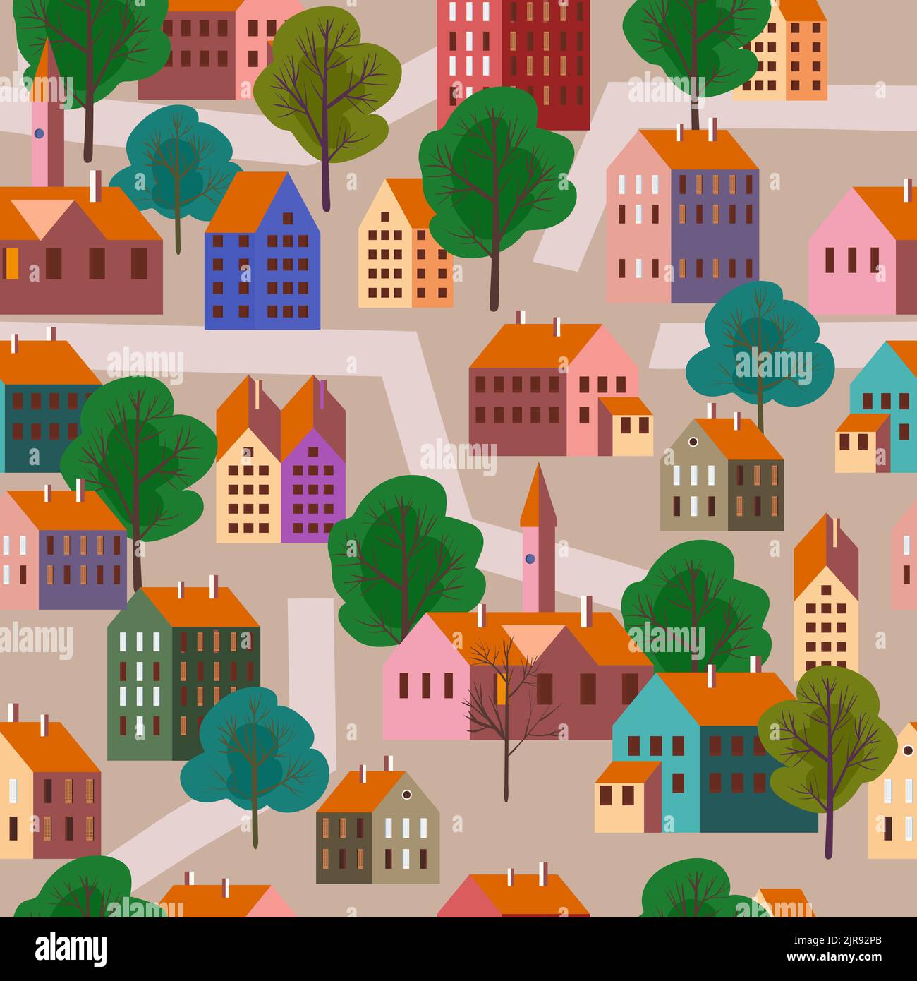 Old city seamless pattern, minimal flat style. Autumn landscape city ...