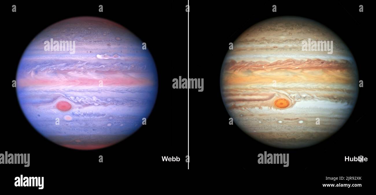 Planet Jupiter comparison visual gains in ultraviolet, visible, near infrared, light. Elements of this image were furnished by NASA. Stock Photo