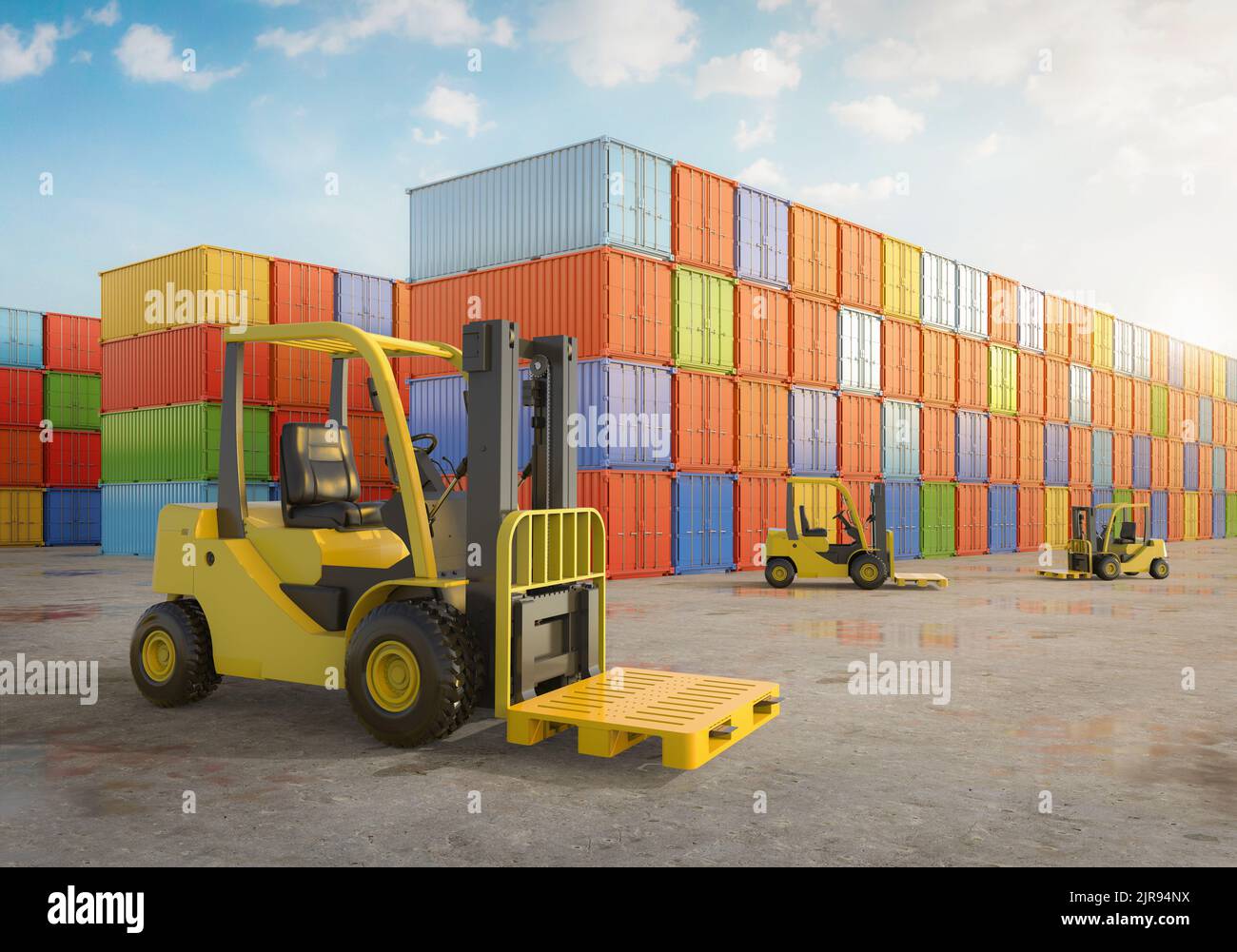 3d rendering forklift truck at container terminal Stock Photo Alamy