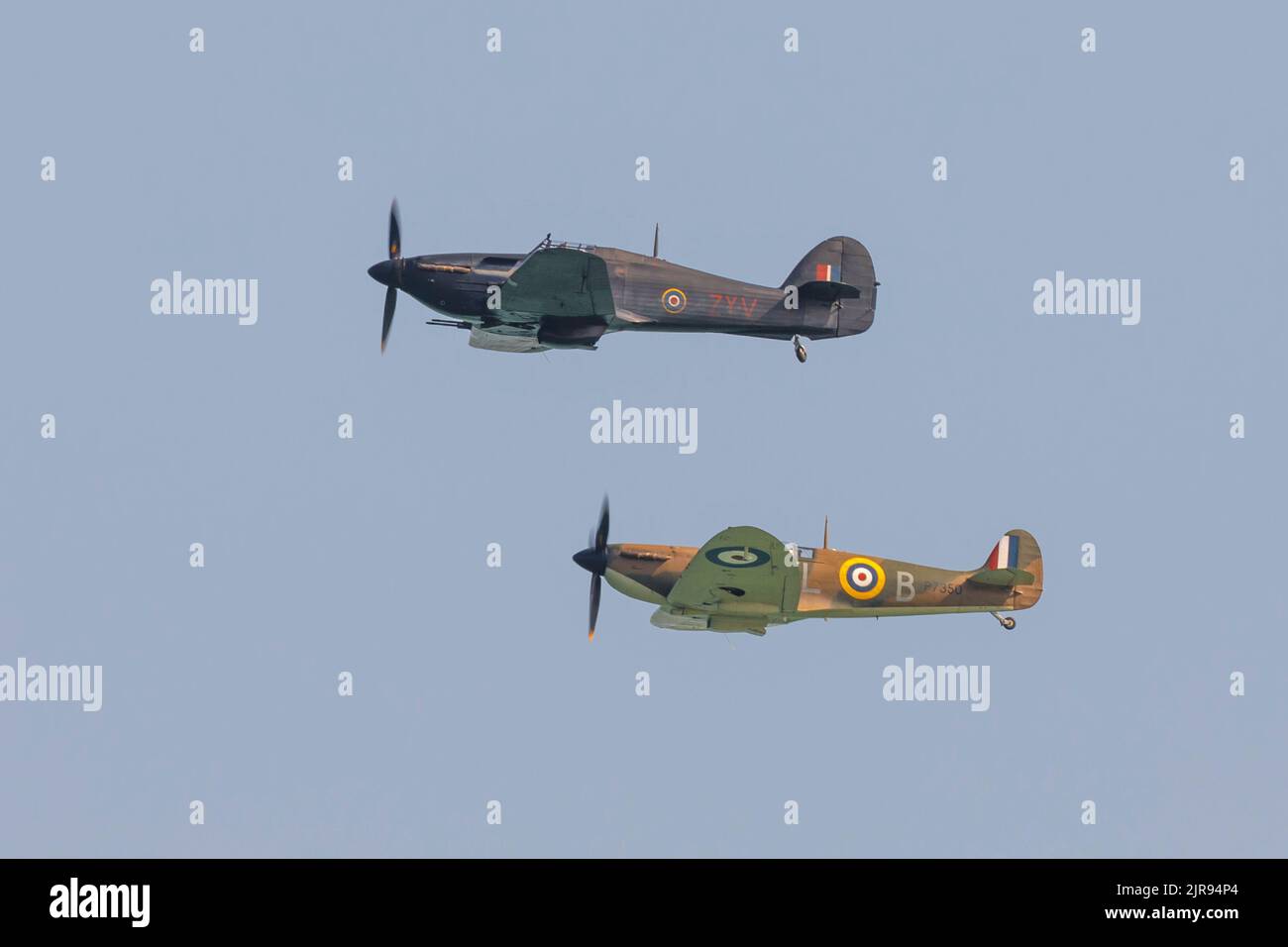 Spitfire and Hurricane in flight Stock Photo