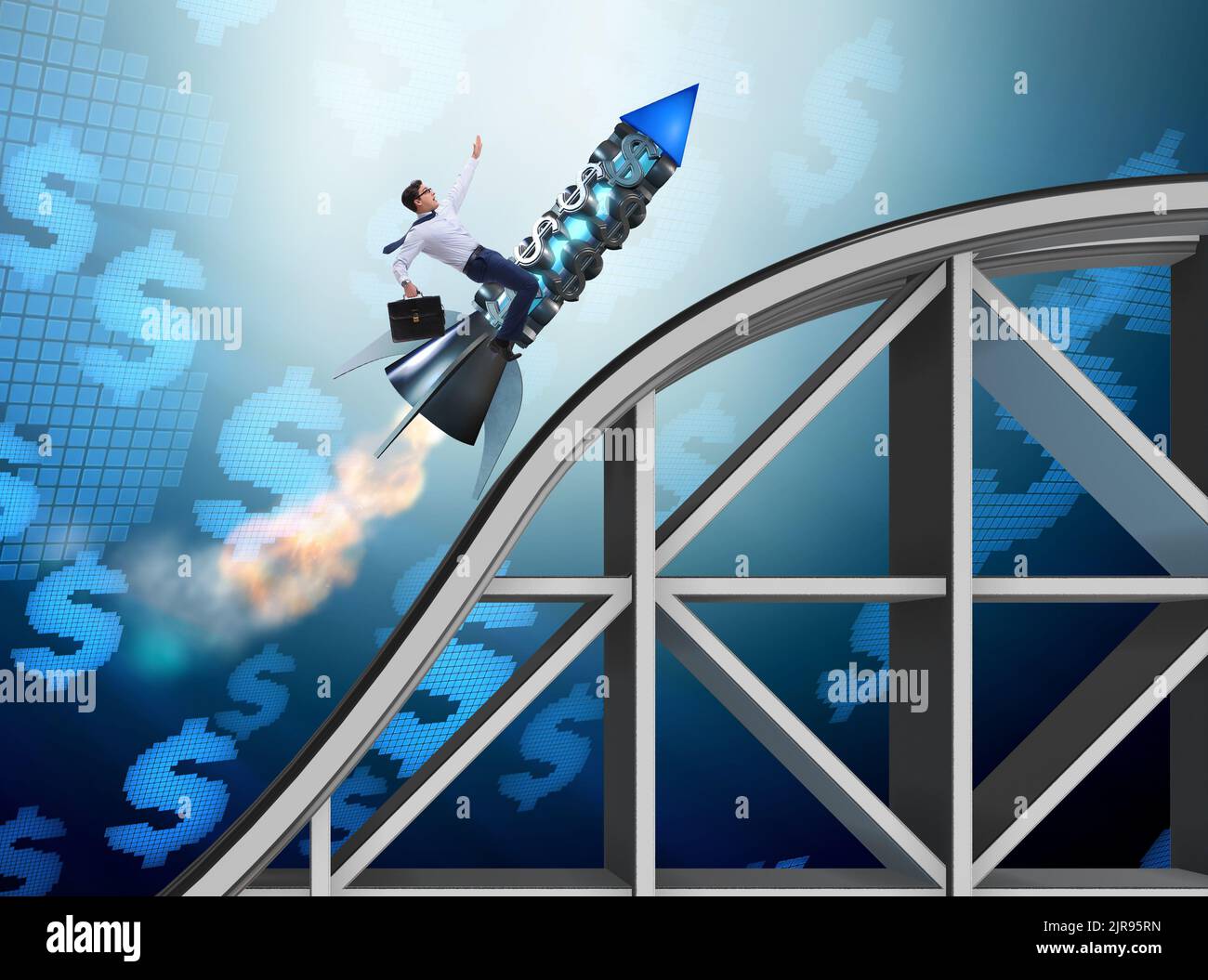 The male businessman flying on rocket in business concept Stock Photo ...
