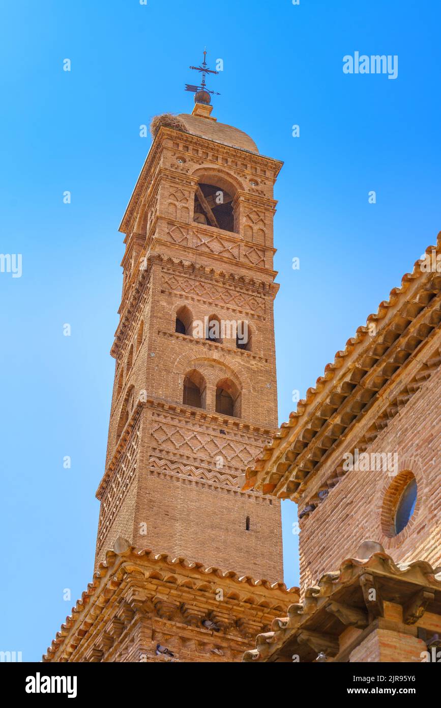 Low angle view of a mudejar-style steeple in Tarazona, Spain Stock Photo