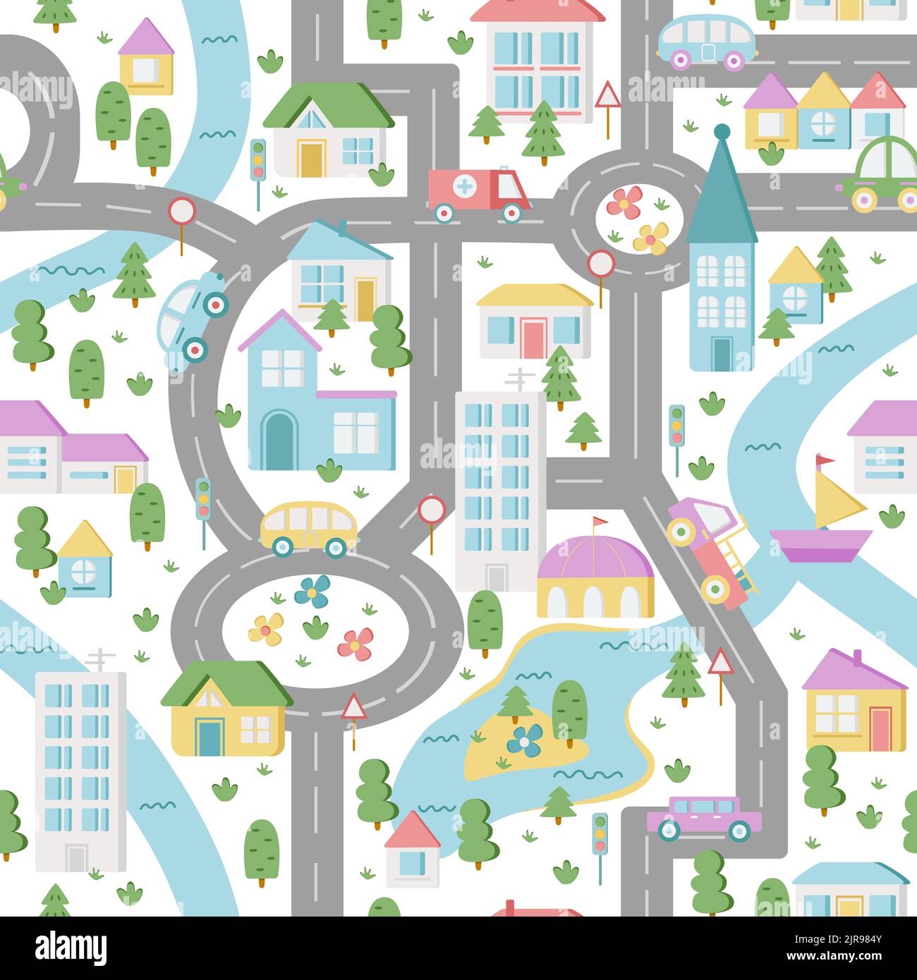 Color map town. Children's game board. Flat vector seamless pattern ...