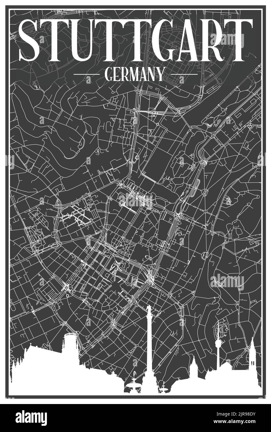 Hand-drawn panoramic city skyline poster with downtown streets network ...