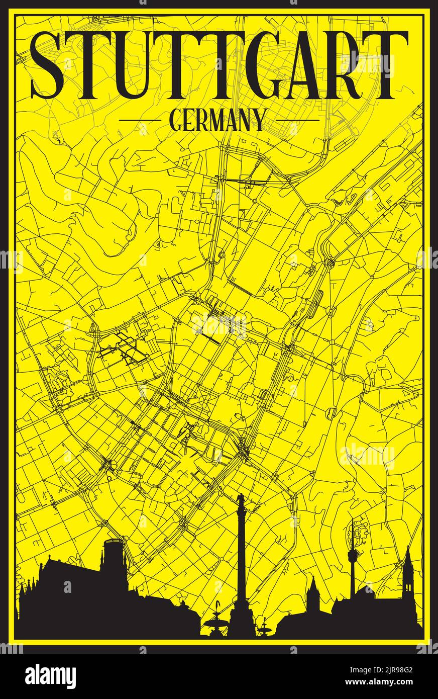 Hand-drawn panoramic city skyline poster with downtown streets network ...
