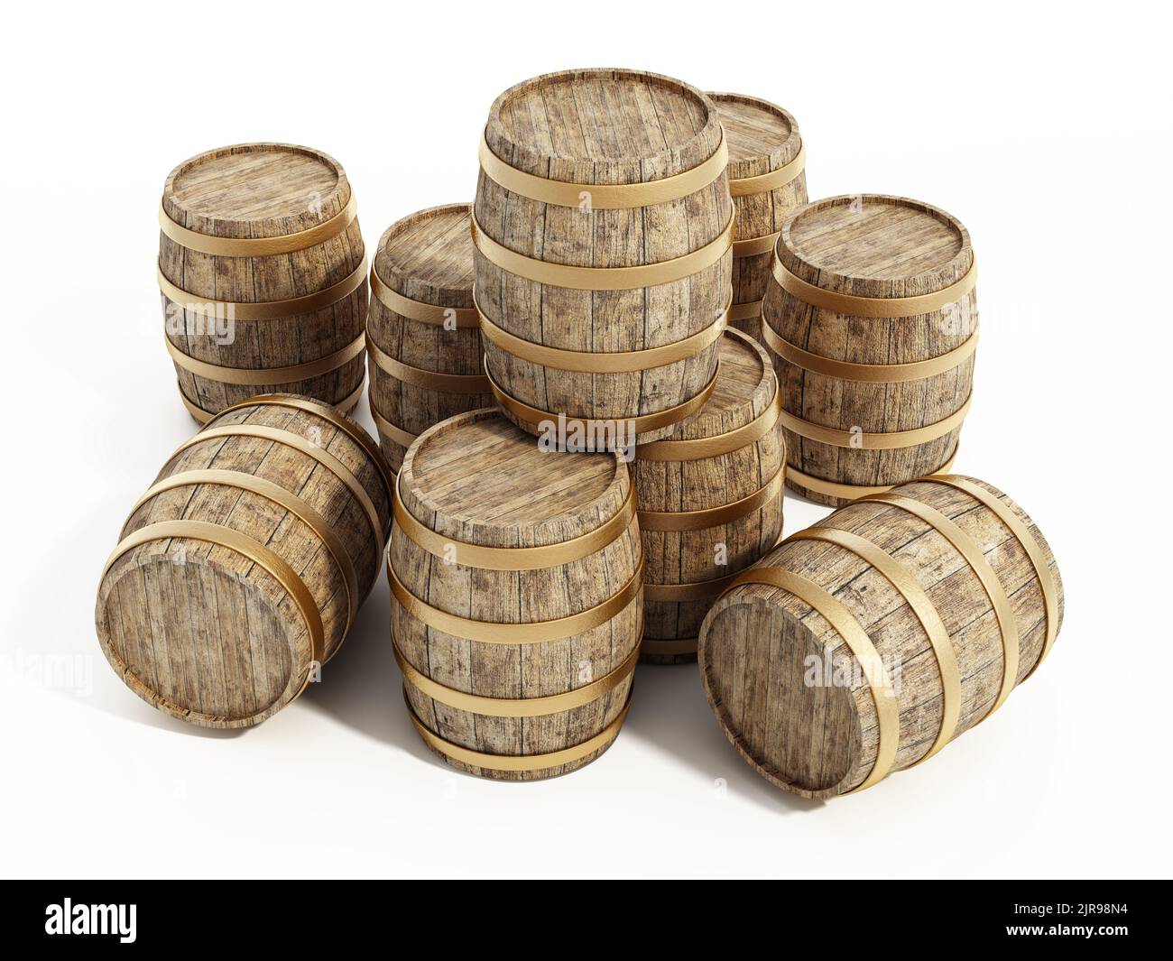 Aged stack of wine barrels isolated on white background. 3D illustration. Stock Photo