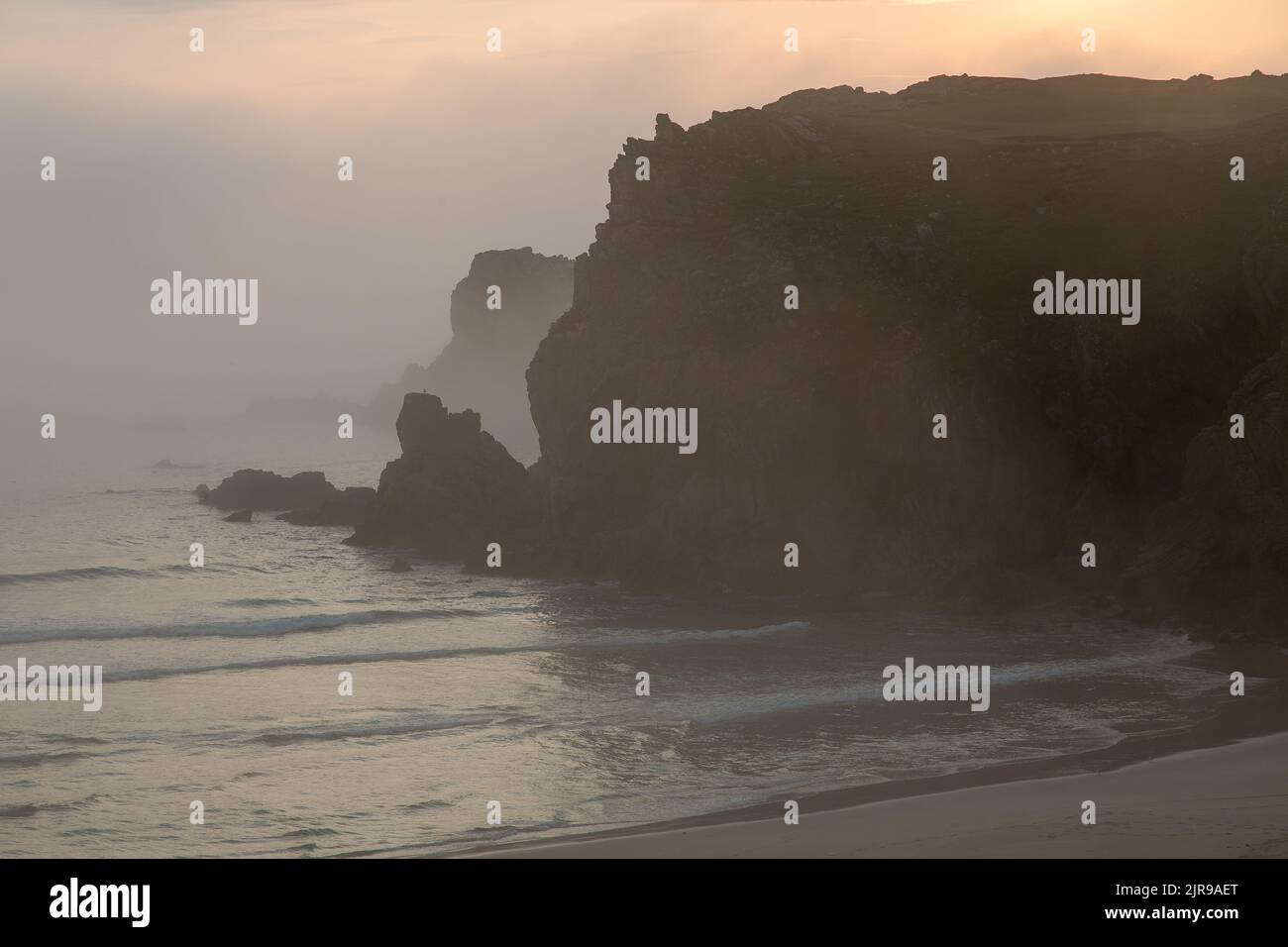 Misty Sunset at Mangersta Beach, Uig, Lewis, Isle of Lewis, Hebrides, Outer Hebrides, Western Isles, Scotland, United Kingdom, Great Britain Stock Photo