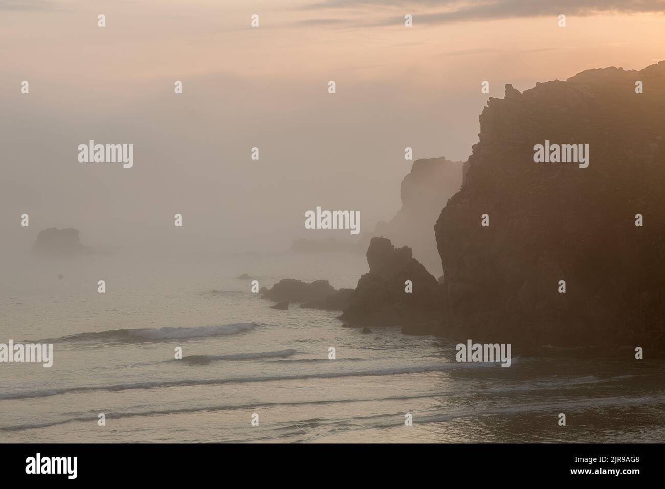Misty Nightfall at Mangersta Beach, Uig, Lewis, Isle of Lewis, Hebrides, Outer Hebrides, Western Isles, Scotland, United Kingdom, Great Britain Stock Photo