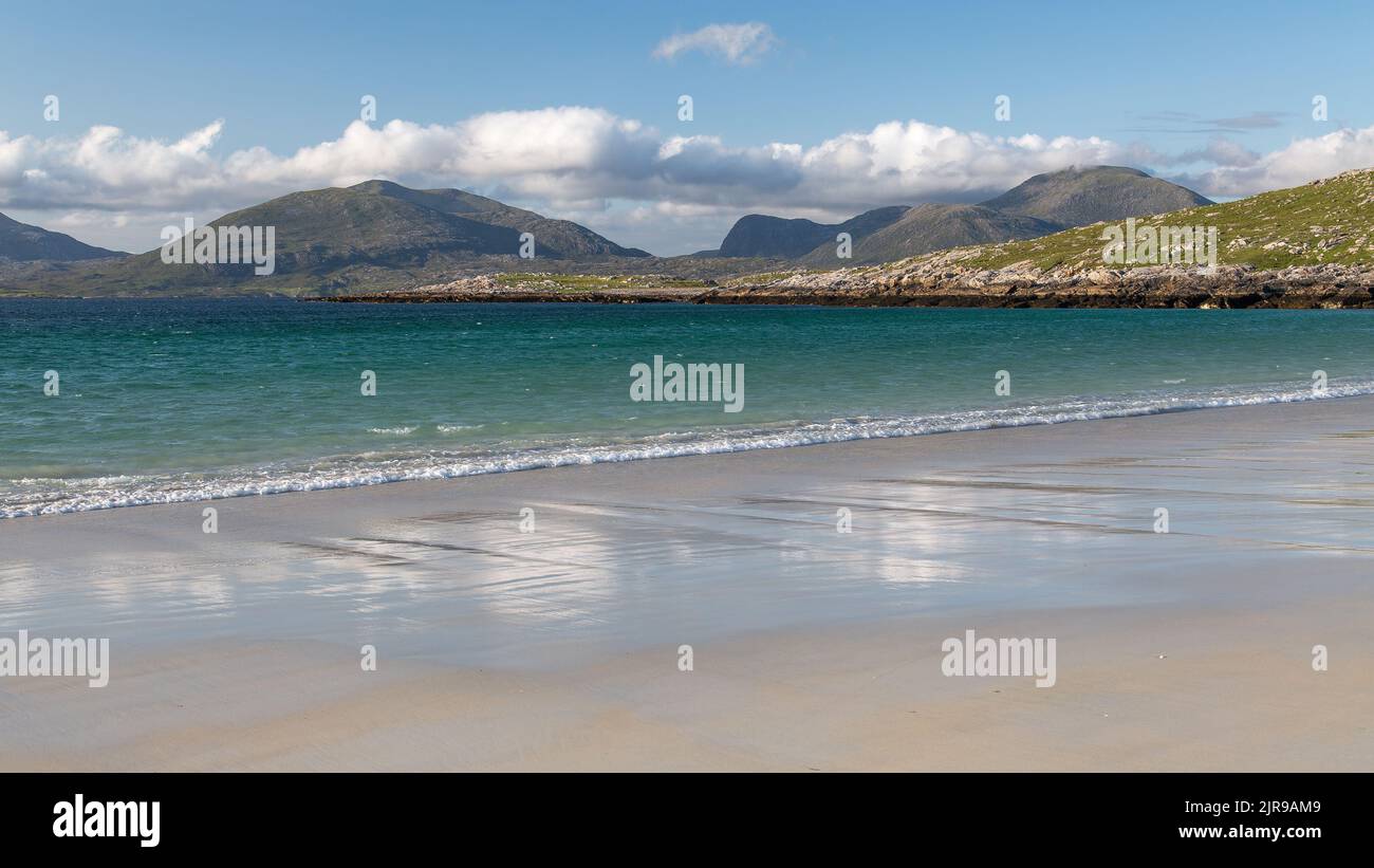 Luskentyre Beach Panorama, Sound of Taransay, Harris, Isle of Harris, Hebrides, Outer Hebrides, Western Isles, Scotland, United Kingdom, Great Britain Stock Photo