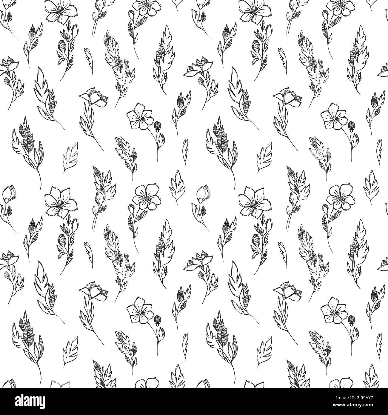 Linear floral black and white seamless pattern in doodle style Stock ...