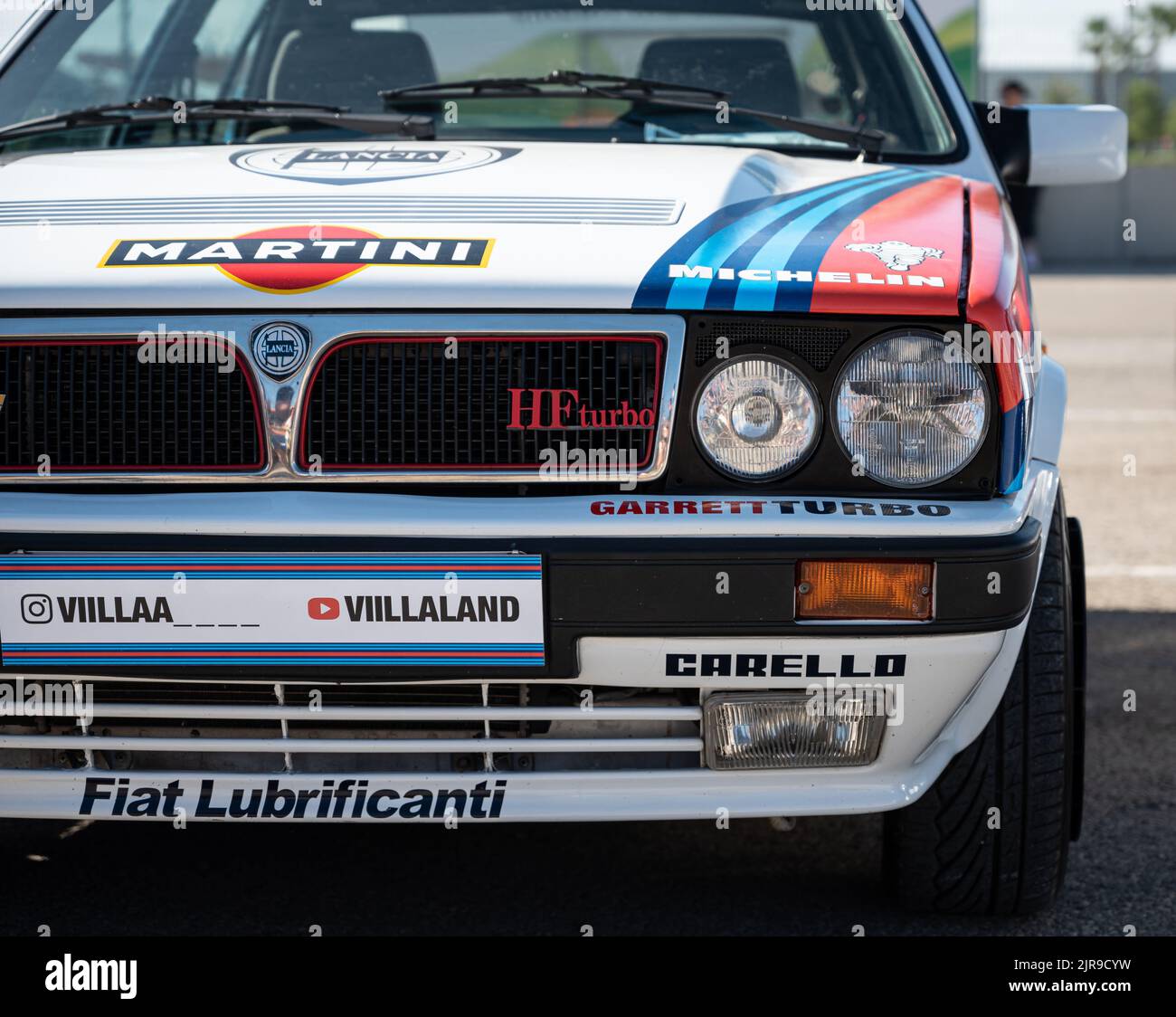 A front view of a classic Martini Lancia Delta HF group B rally car Stock Photo