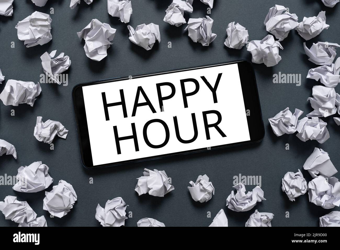 Text sign showing Happy Hour. Word Written on Spending time for activities that makes you relax for a while Phone Screen With Important Message On It Stock Photo