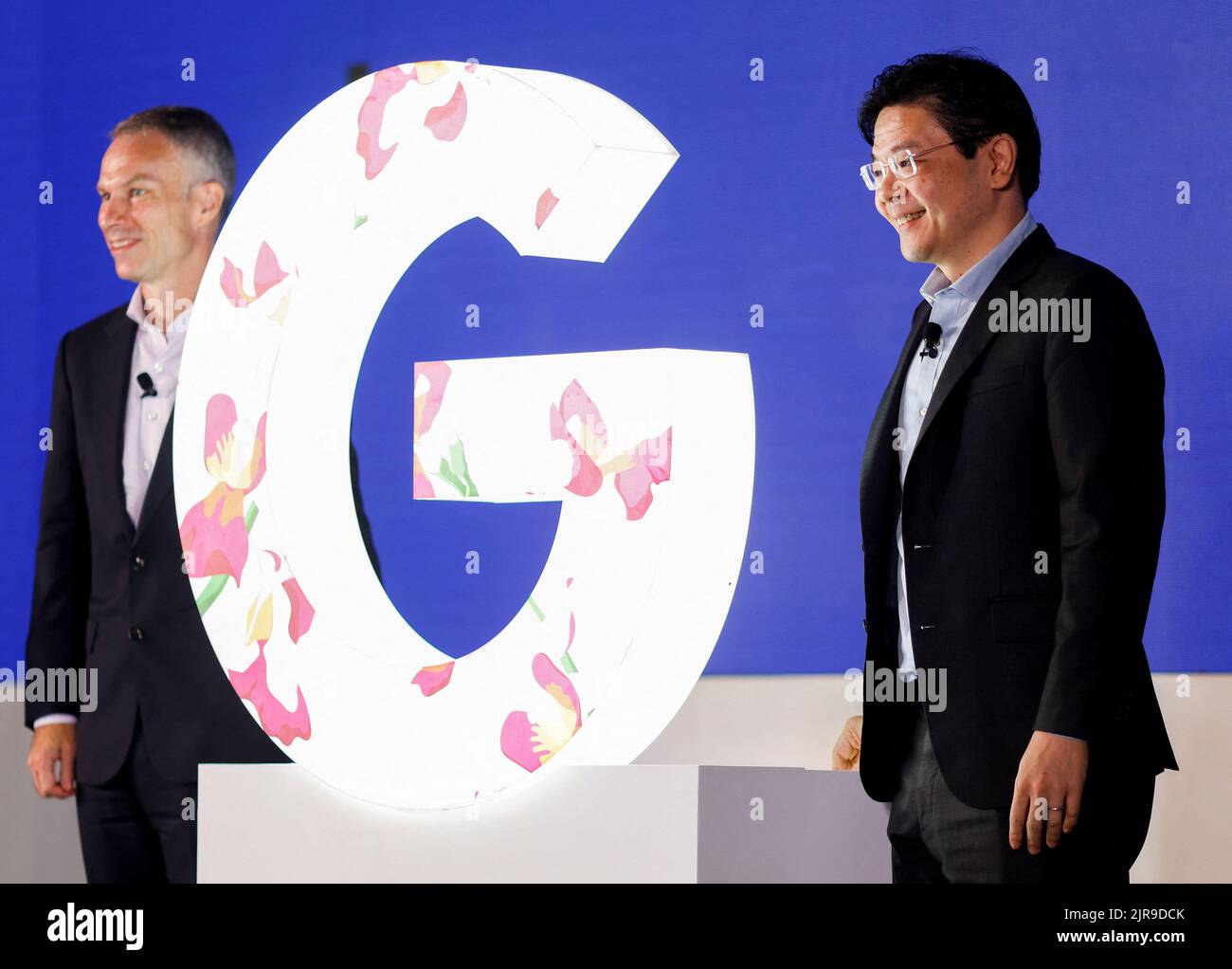 Singapore's Deputy Prime Minister and Minister for Finance Lawrence Wong and President of Google Asia Pacific Scott Beaumont attend 'Google for Singapore', an event celebrating the company's 15th year in the country, at Google's office, in Singapore August 23, 2022. REUTERS/Edgar Su Stock Photo