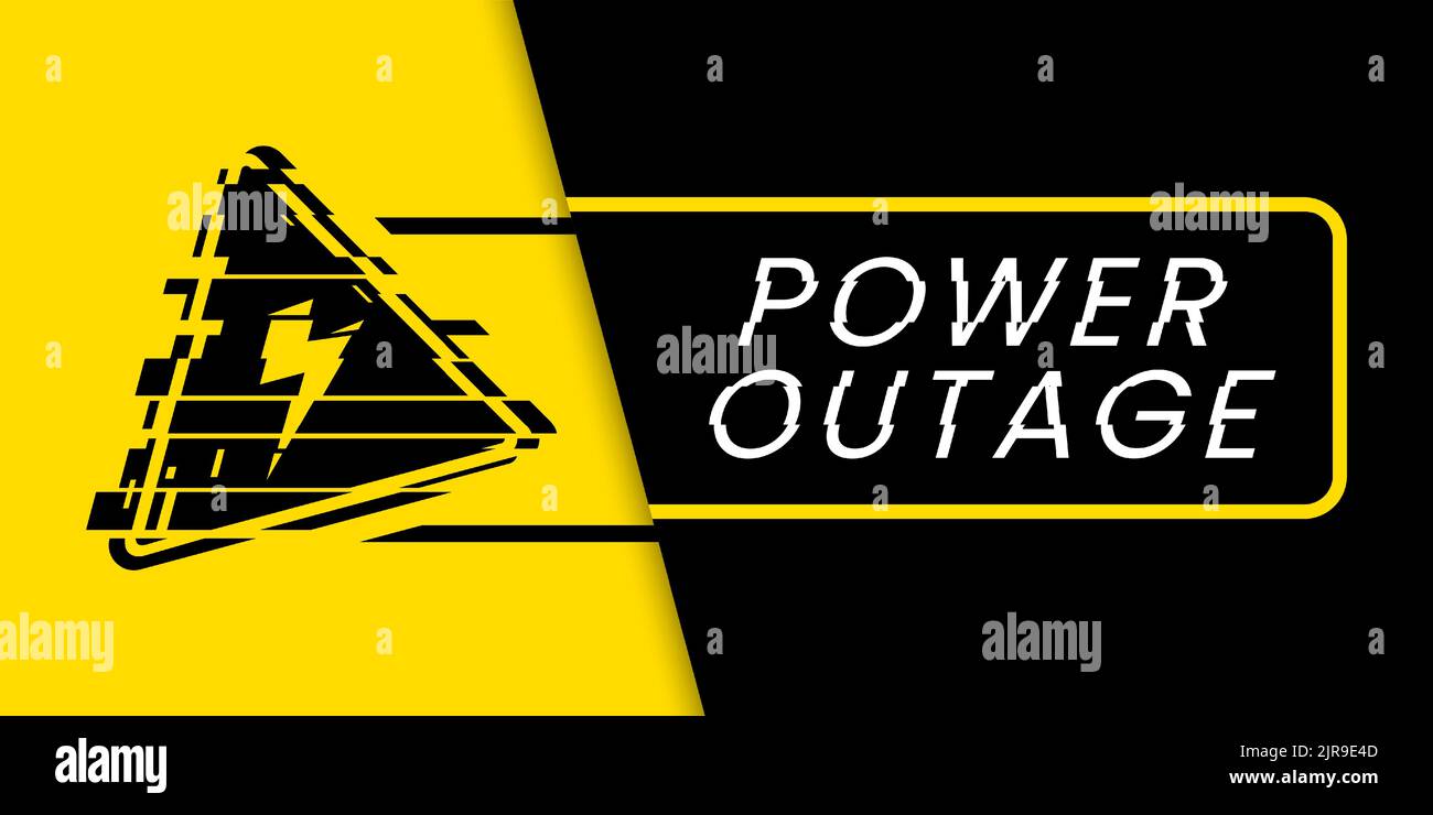 The power outage banner has a warning sign of high voltage with a glitch effect the one is on the black and yellow background. Stock Vector