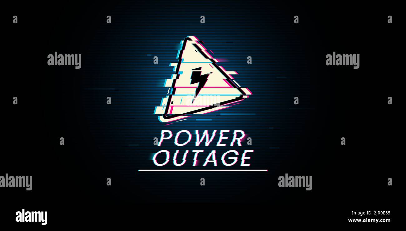 The banner of a power cut has a warning sign of electricity with a glitch effect the one is on the black background. Stock Vector