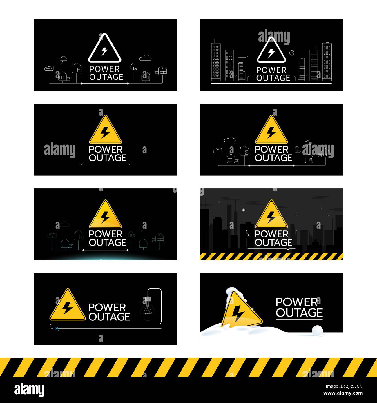 The banner set of a power outage has eight black banners with warning signs. Vector illustration. Stock Vector