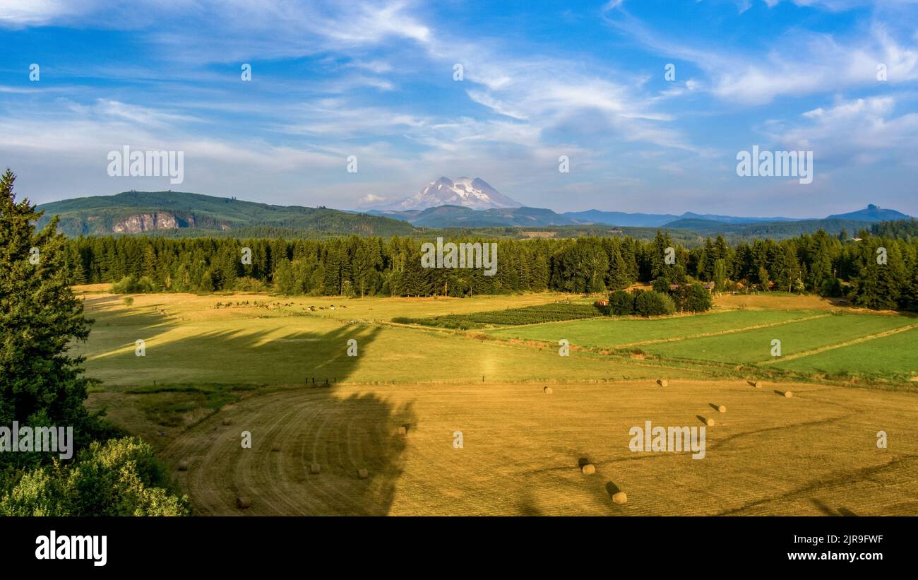 Mount Rainier on the horizon from Eatonville, Washington Stock Photo