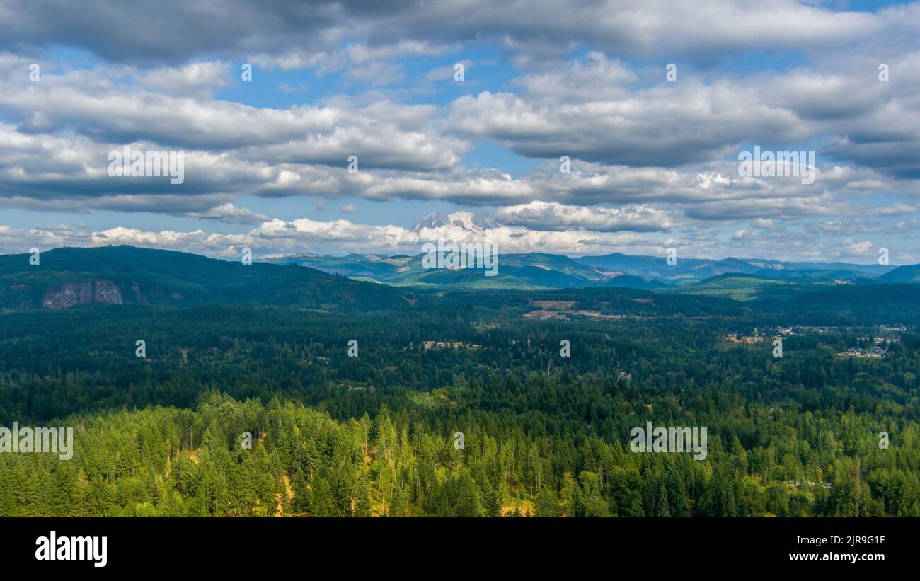 Mount Rainier on the horizon from Eatonville, Washington Stock Photo
