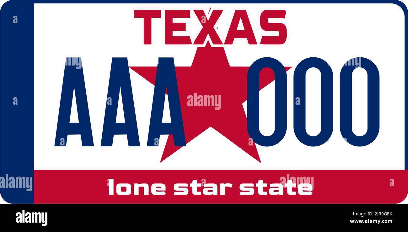 Vehicle license plates marking in Texas in United States of America, Car plates.Vehicle license numbers of different American states.Vintage print. Stock Vector