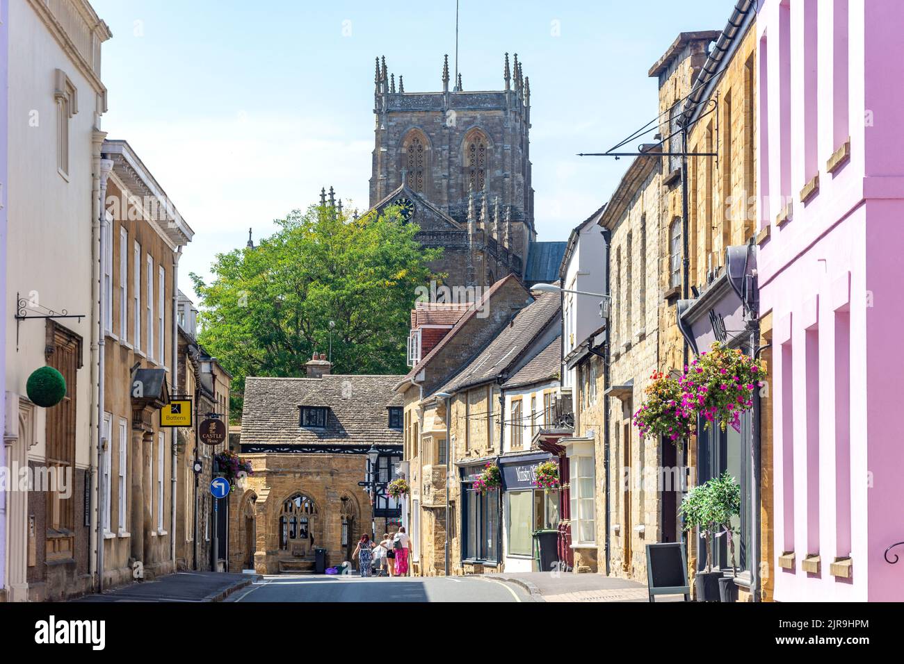 Sherborne Abbey and The Conduit from Long Street, Sherborne, Dorset, England, United Kingdom Stock Photo