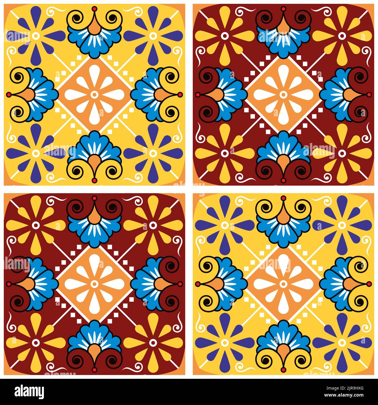 Mexican talavera style ceramic tile vector seamless pattern with flowers and swrils, vibrant wallpaper, textile or fabric print design Stock Vector