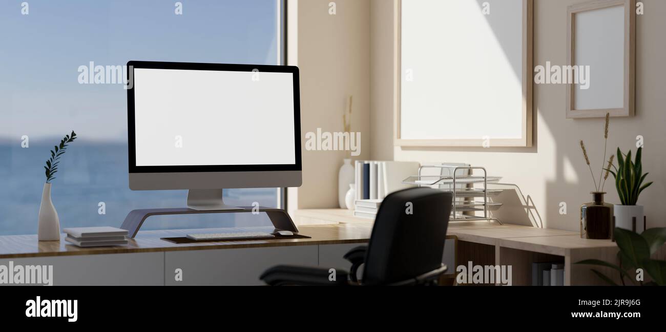 Minimal and cozy office workspace interior design with modern white PC ...