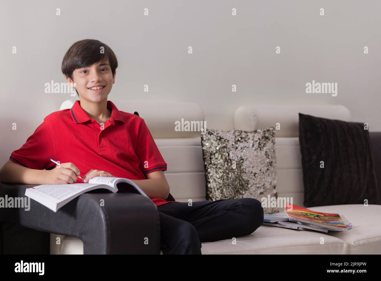 Portrait of cheerful young boy studying on sofa at home Stock Photo