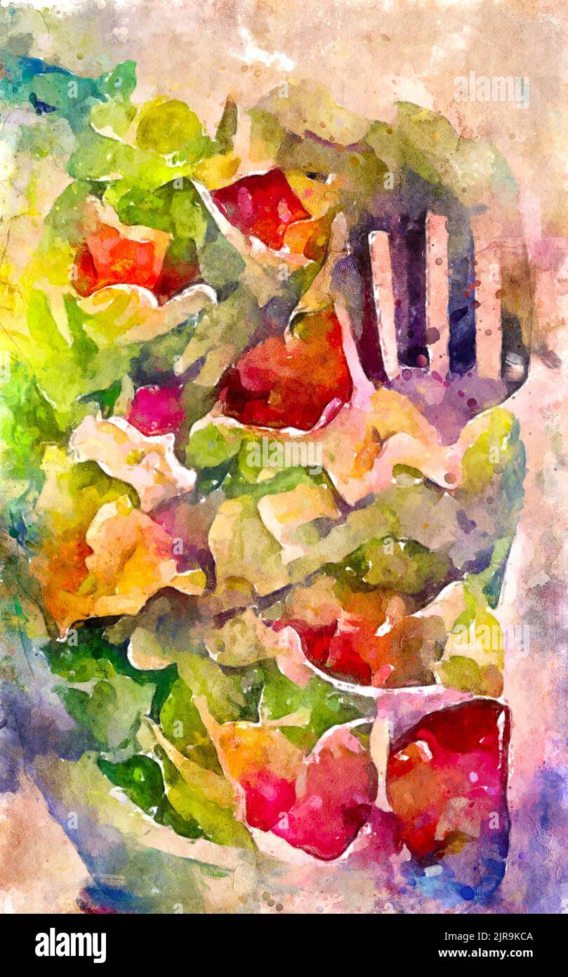 Painted watercolour picture of vegetables. Tomatoes, leek, peppers, asparagus. Stock Photo