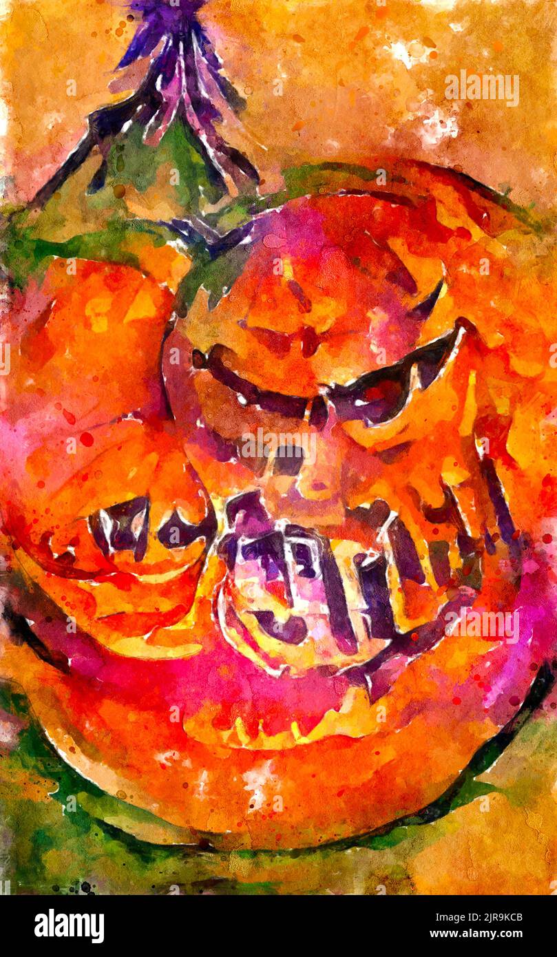 Watercolour painted vegetables of halloween pumpkin Stock Photo