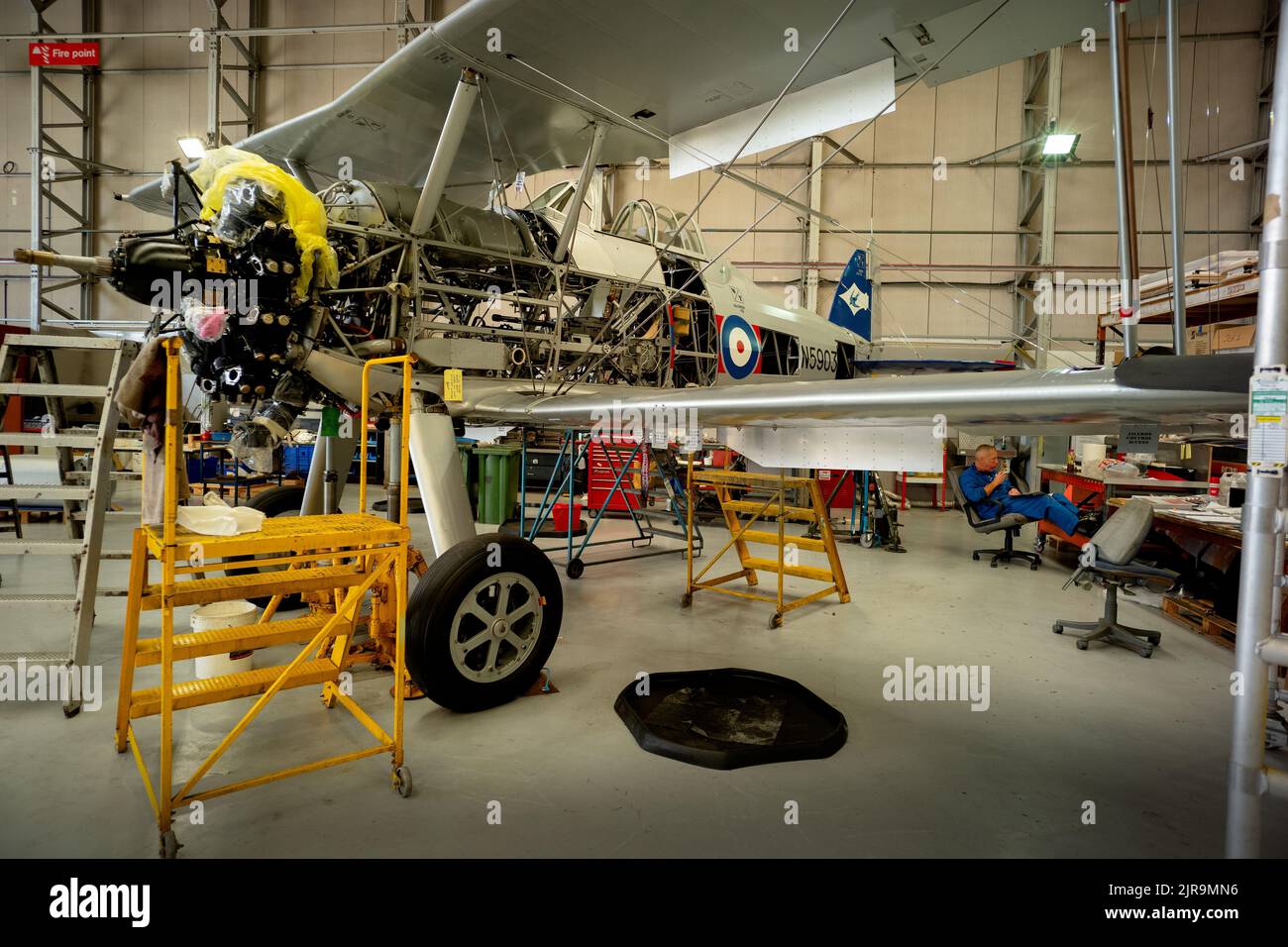 Duxford IWM Imperial War Museum Cambridgeshire England 4 Auguist 2022 In the workshop a Gloster Gladiator being restored to flying condition. The Glos Stock Photo