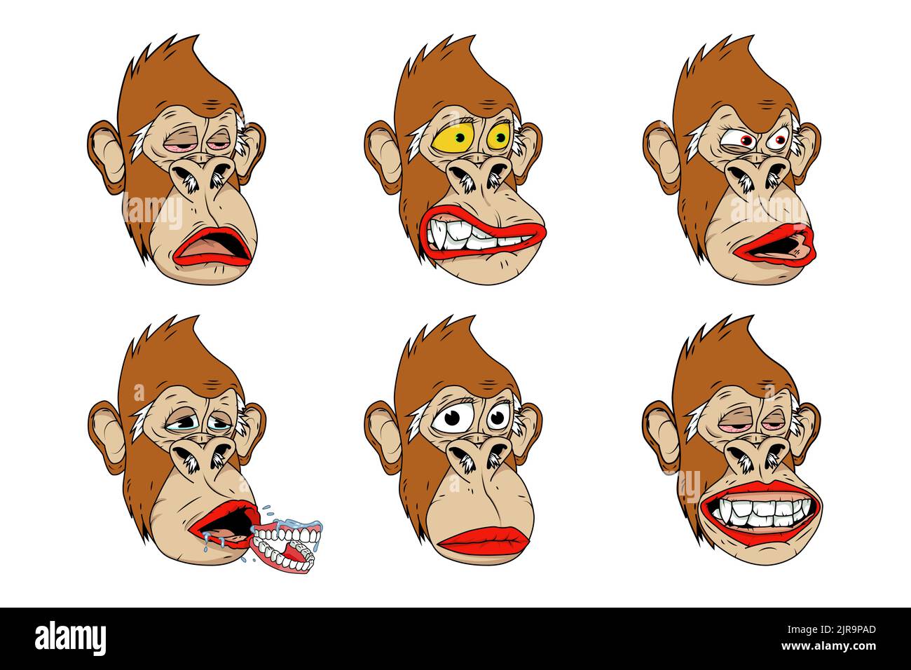 Woman apes expression set. PFP NFT eyes and mouth traits. Grandma monkey head illustration isolated on white background. Stock Vector