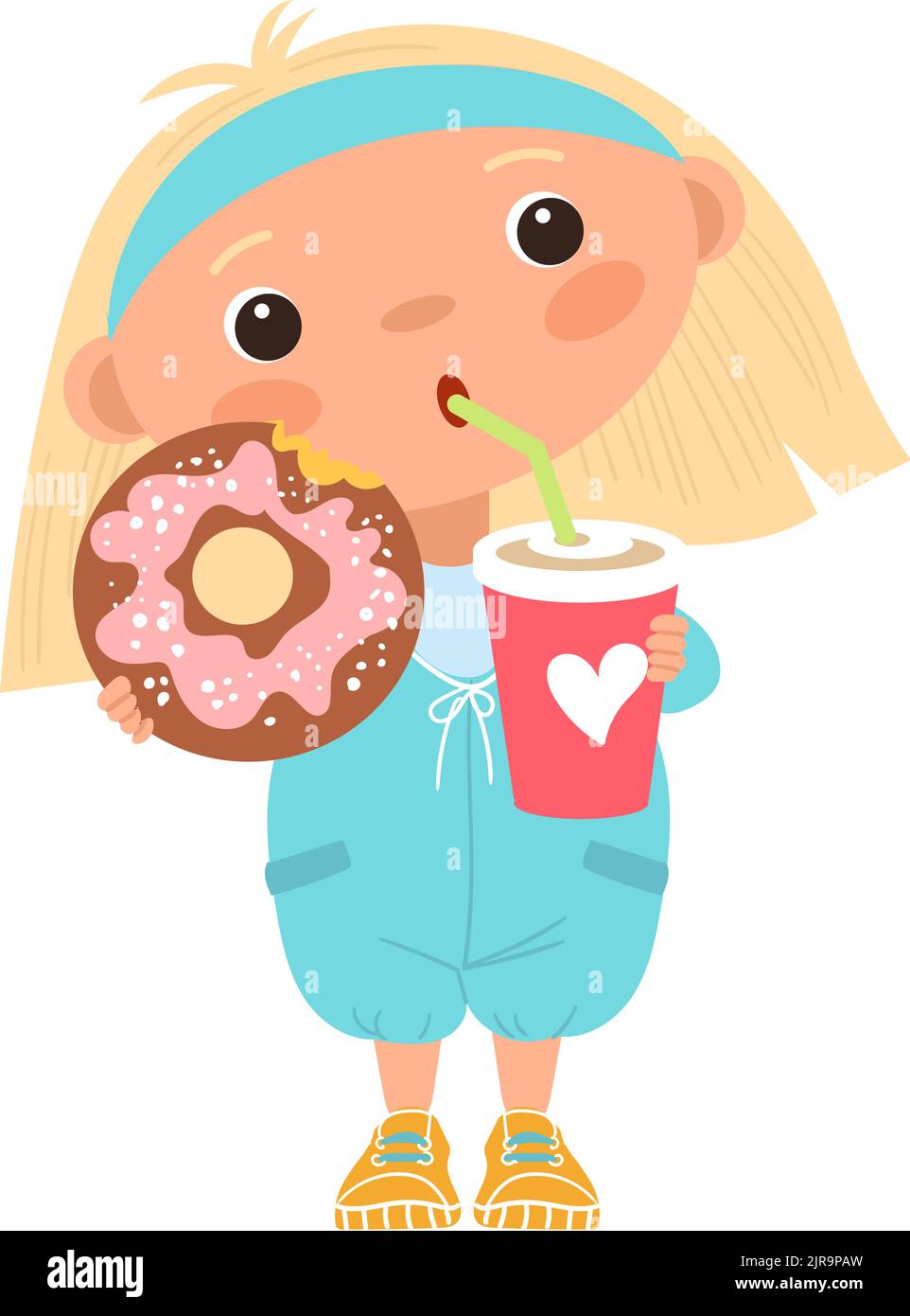 Cute blonde girl eat donut and drink soda. Happy child Stock Vector