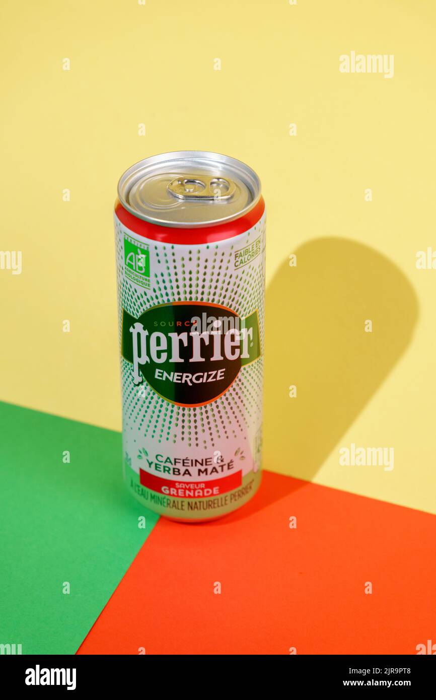 Tyumen, Russia-June 30, 2022: Perrier is a French brand of premium mineral water, energize caffeine yerba mate. French brand of premium mineral water Stock Photo