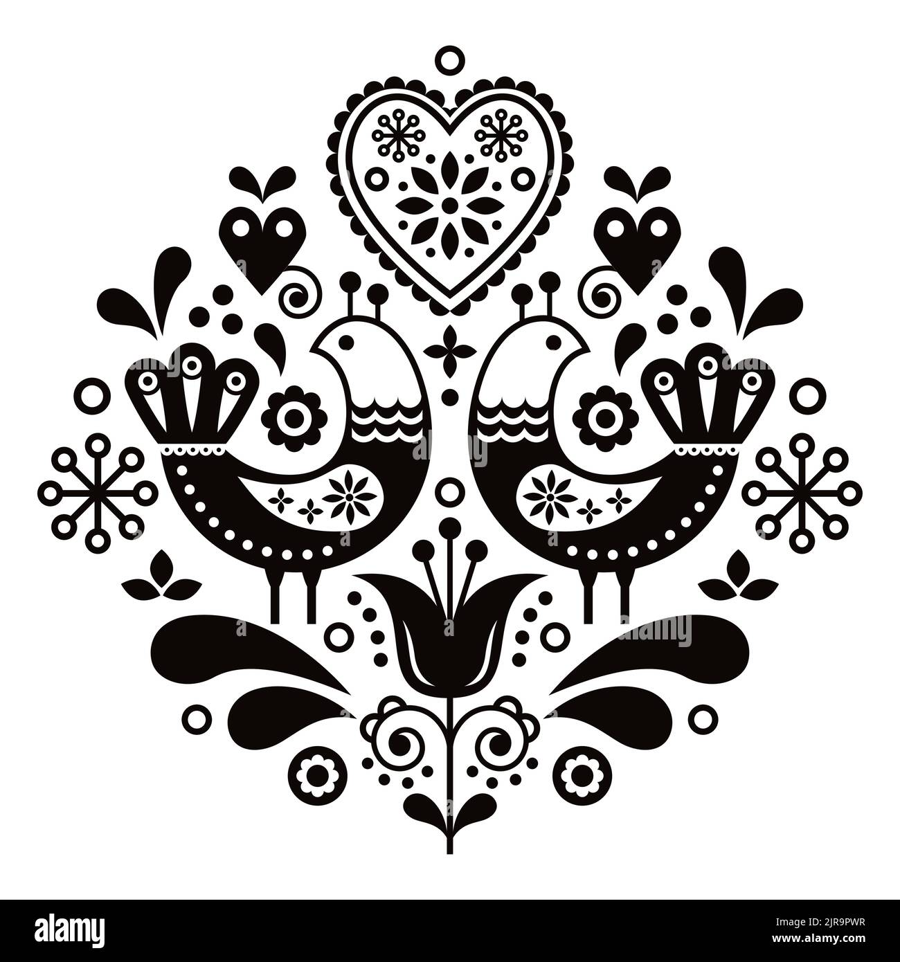 Scandinavian folk art pattern with birds and flowers, Nordic floral ...