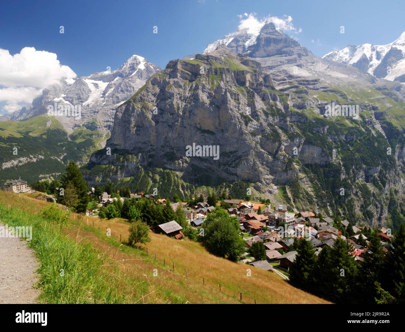 The panorama path overlooking the village of Murren, Bernese Oberland ...