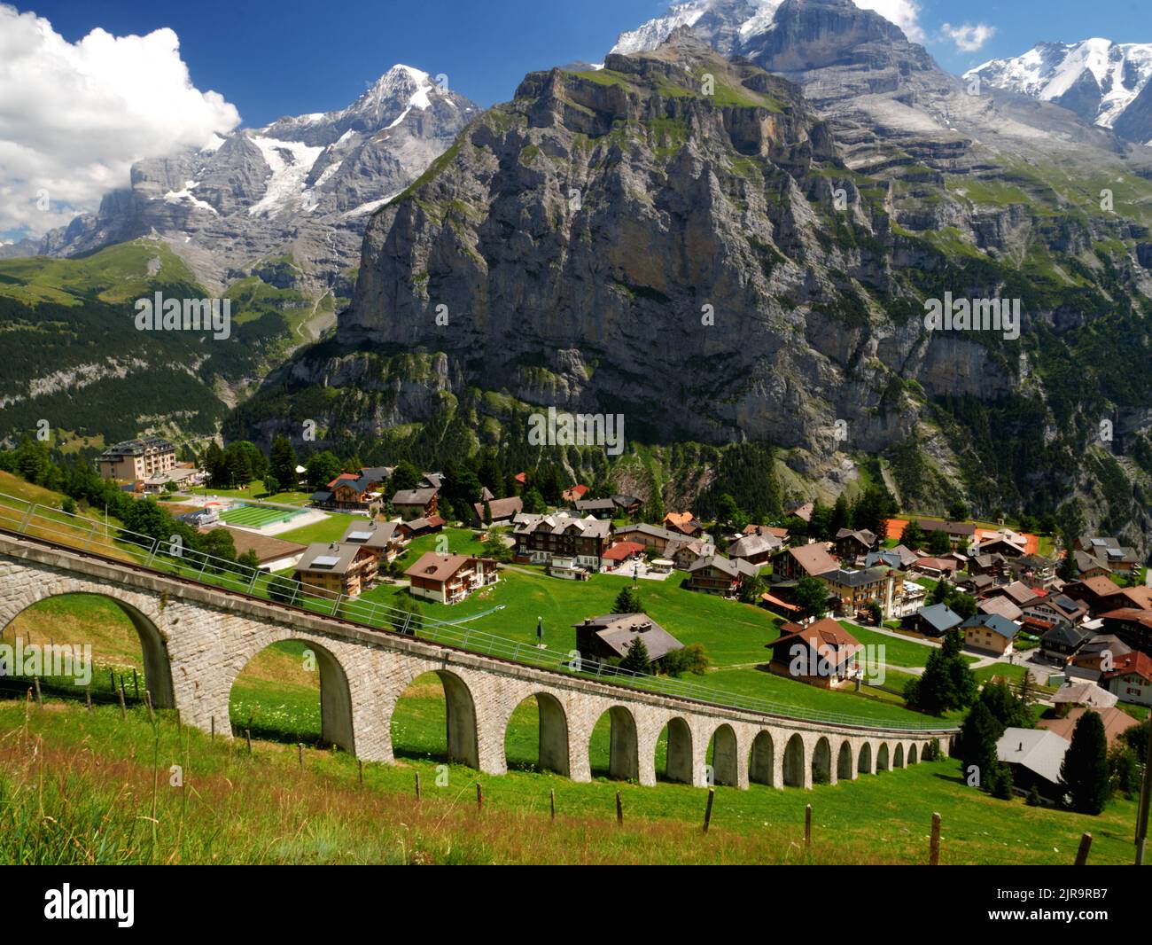 The Allmendhubel funicular seen from the panorama path overlooking the village of Murren, Bernese Oberland, Switzerland. Stock Photo