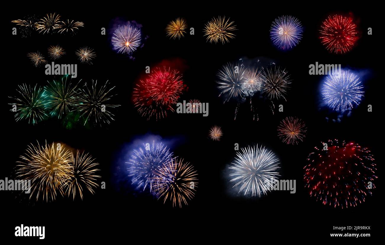 Multicolored fireworks set isolated on black background. Colorful
