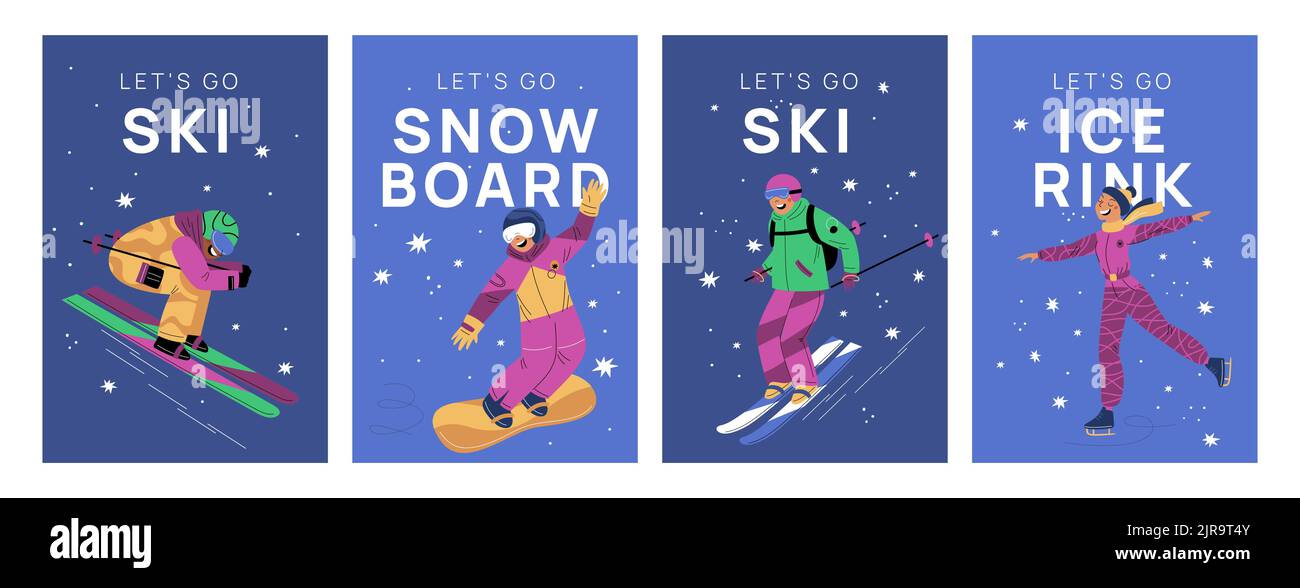Winter sport posters. People snowboarding. Downhill skiing and ice