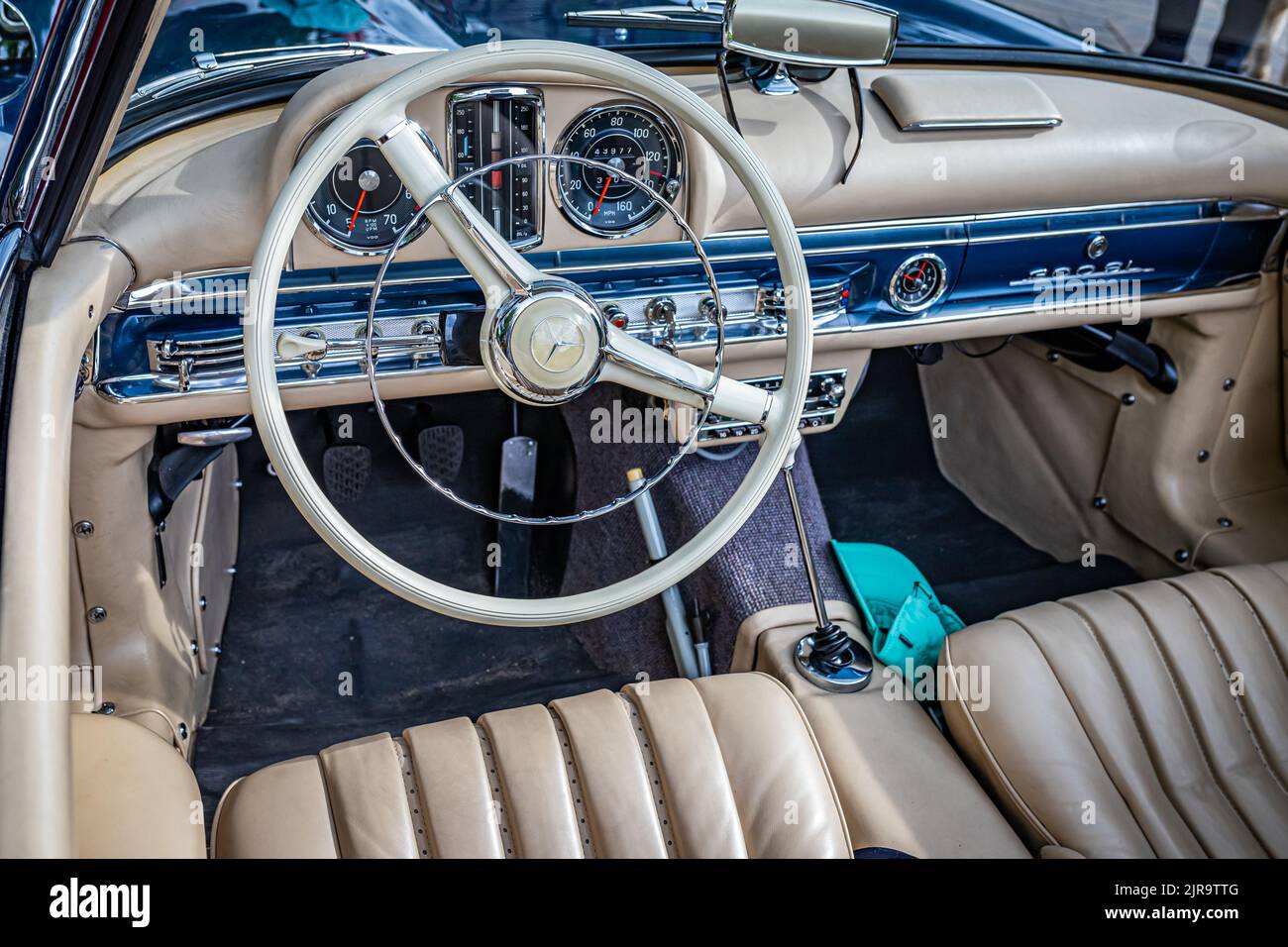 Highlands, NC - June 10, 2022: Close up detailed  interior view of a 1958 Mercedes-Benz 300 SL Roadster at a local car show. Stock Photo