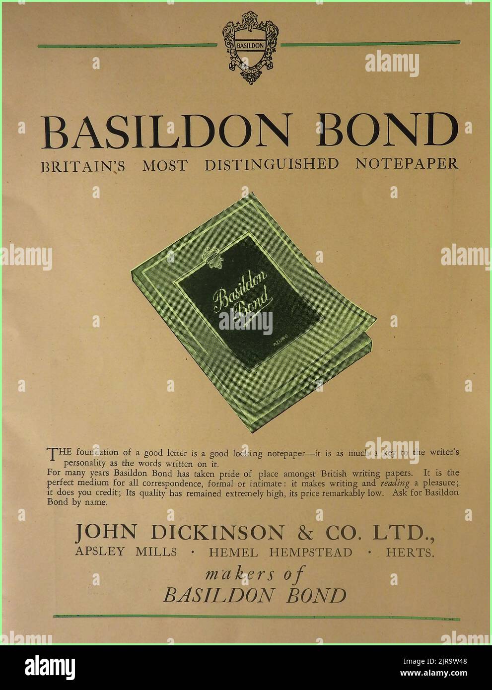 A 1940's British advert for John Dickenson and Co Ltd  of Aspley Mills, Hemel Hempstead ( Basildon Bond notepaper.) Stock Photo