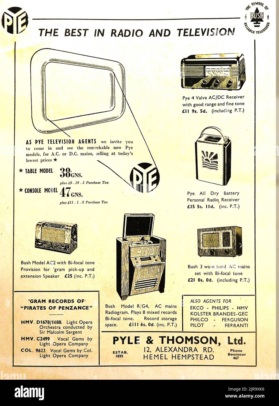 An early advert for Pye Radio & Television sets sold by Pyle and Thomson Ltd of 12 Alexandra Road, Hemel Hempstead, Uk who were also agents for Ecko,Philips,HMV, Kolster Brandes, GEC, Philco, Ferguson, Pilot and Ferranti, and including radiogram records  for music from the pirates of Penzance (Light Opera Orchestra conducted by Sir Malcolm Sargent) and vocal gems by the Light Opera Company. Some prices are in pounds shillings and pence whilst others are in guineas (a guinea being one pound and one shilling) Stock Photo