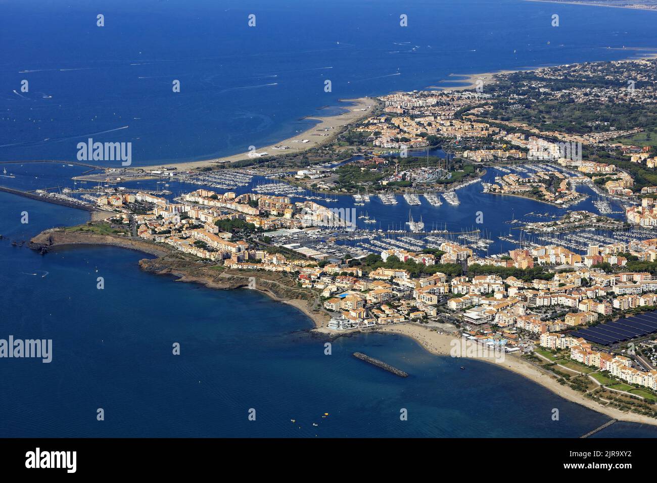 Le Cap d'Agde in the Herault department (south-eastern France): aerial view of the seaside resort and the marina. Stock Photo